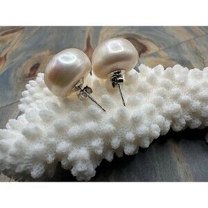 Pink Large 15 mm Button Pearl Stud Earrings,925 Sterling Silver Posts